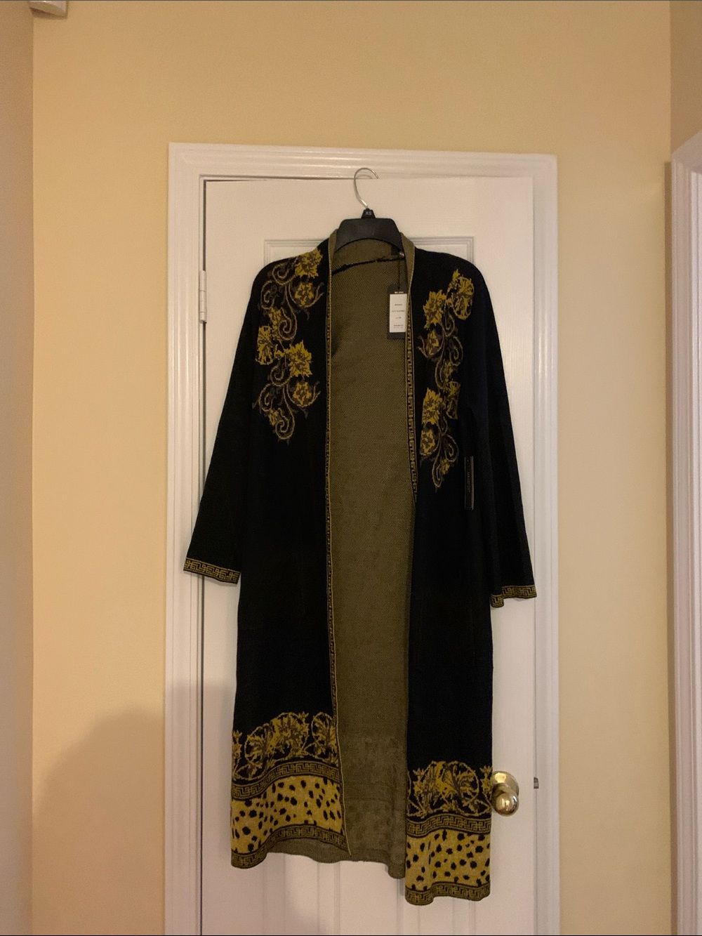 Black Cardigan Sweater with Gold Embroidered Accents